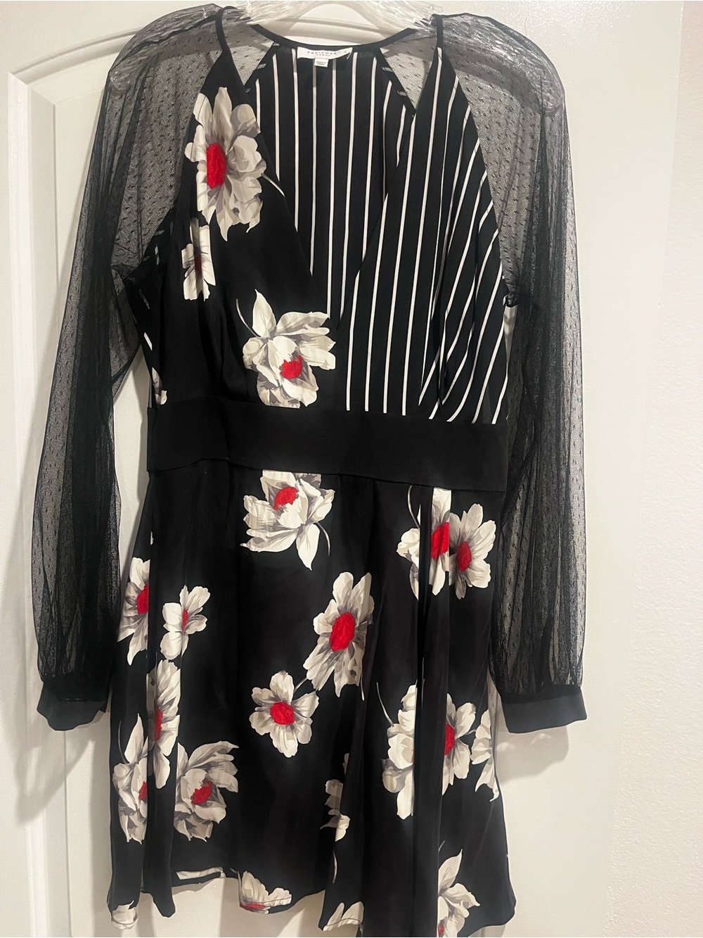 Like new Black and White Striped Blouse with floral design with Sheer Sleeves